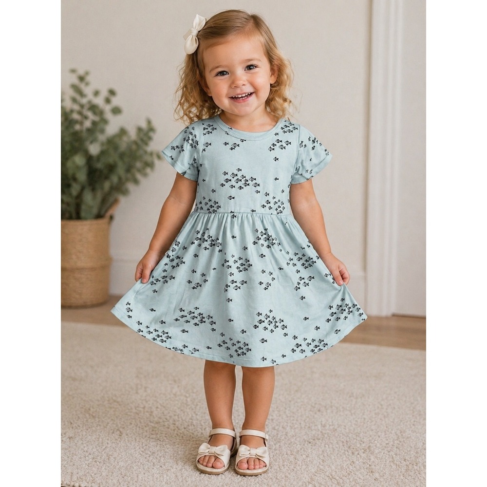 Little & Lively Dress Girl 1T/2T Bamboo Blend Short Sleeve Fish Print Light Blue